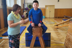 Chlapec v tělocvičně vylezl na kozu.