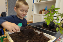 Chlapec dává hlínu k sazeničkám.