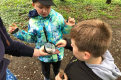 Žáci zkoumají pod lupou přírodninu.