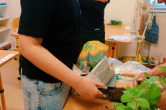 Chlapec přesazuje květinu.