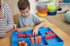 Chlapec třídí barvy a tvary.