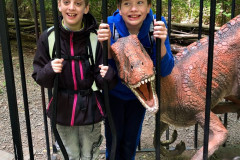 Chlapci v kleci s dinosaurem.