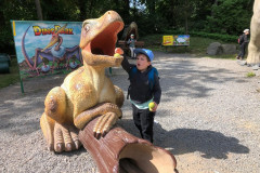 Chlapec pouští míček dinosaurem.