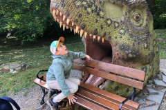 Chlapec kouká do tlamy dinosaura.