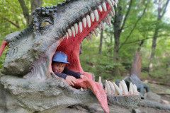 Chlapec v tlamě dinosaura.